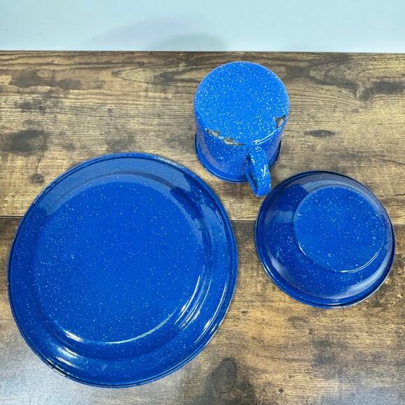 Enamel Ware Blue Speckled Metal Coffee Mug Cup Bowl Plate Cabin Camp Farmhouse - Picture 6 of 13
